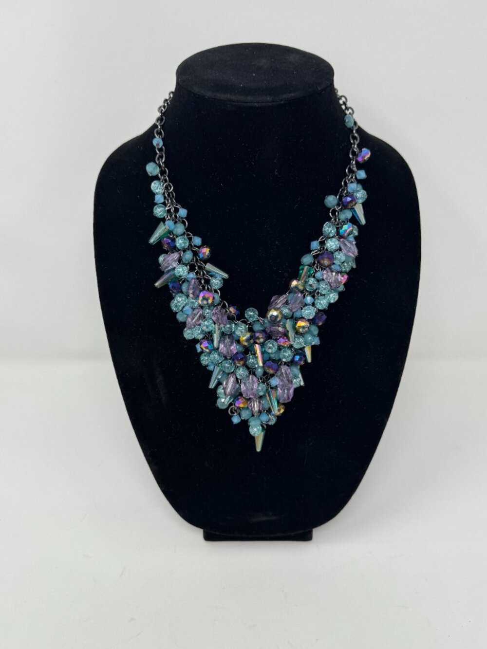 Steve Madden Teal Purple Crystal Cluster Spike Statement Bib Necklace